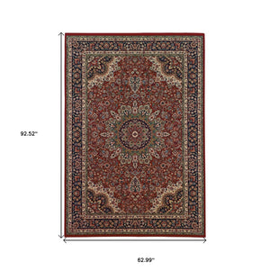 HomeRoots 6' Elegant Red and Blue Oriental Round Rug - Stain-Resistant, Power-Loomed for Lasting Beauty 5' X 8' 574304