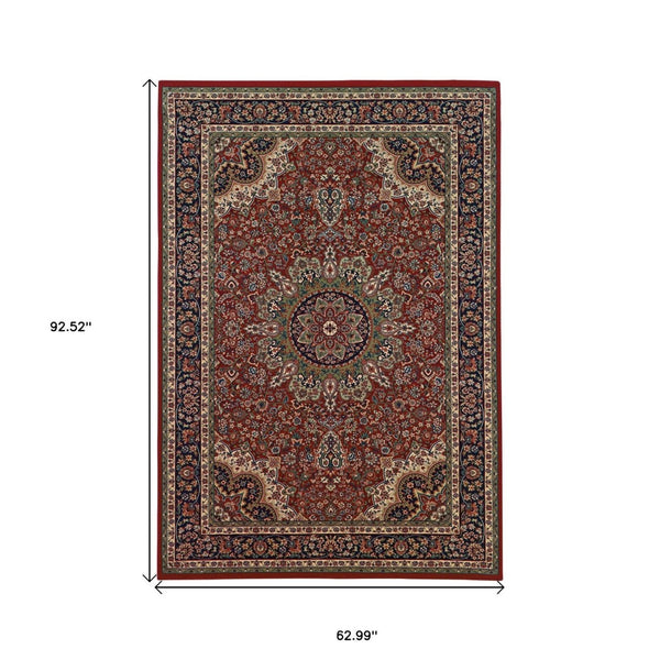HomeRoots 6' Elegant Red and Blue Oriental Round Rug - Stain-Resistant, Power-Loomed for Lasting Beauty 5' X 8' 574304