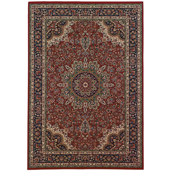 HomeRoots 6' Elegant Red and Blue Oriental Round Rug - Stain-Resistant, Power-Loomed for Lasting Beauty 5' X 8' 574304