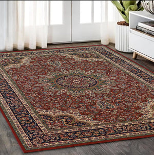 HomeRoots 6' Elegant Red and Blue Oriental Round Rug - Stain-Resistant, Power-Loomed for Lasting Beauty 5' X 8' 574304