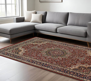 HomeRoots 6' Elegant Red and Blue Oriental Round Rug - Stain-Resistant, Power-Loomed for Lasting Beauty 10' X 13' 574305