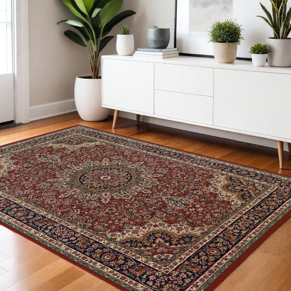HomeRoots 6' Elegant Red and Blue Oriental Round Rug - Stain-Resistant, Power-Loomed for Lasting Beauty 4' X 6' 574306