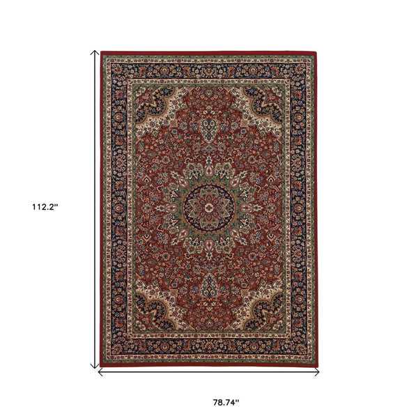 HomeRoots 6' Elegant Red and Blue Oriental Round Rug - Stain-Resistant, Power-Loomed for Lasting Beauty 7' X 10' 574307