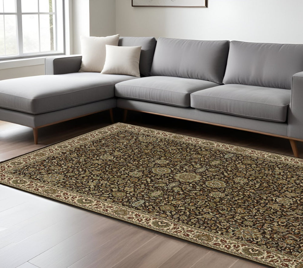 HomeRoots 8' Elegant Brown and Ivory Oriental Square Rug - Stain Resistant, Durable, and Perfect for Any Space 7' X 10' 574313