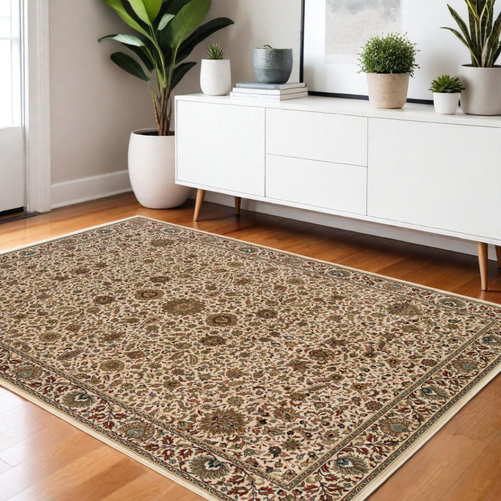HomeRoots 6' Elegant Ivory and Green Oriental Round Rug - Durable, Stain-Resistant Design for Any Room 4' X 6' 574316