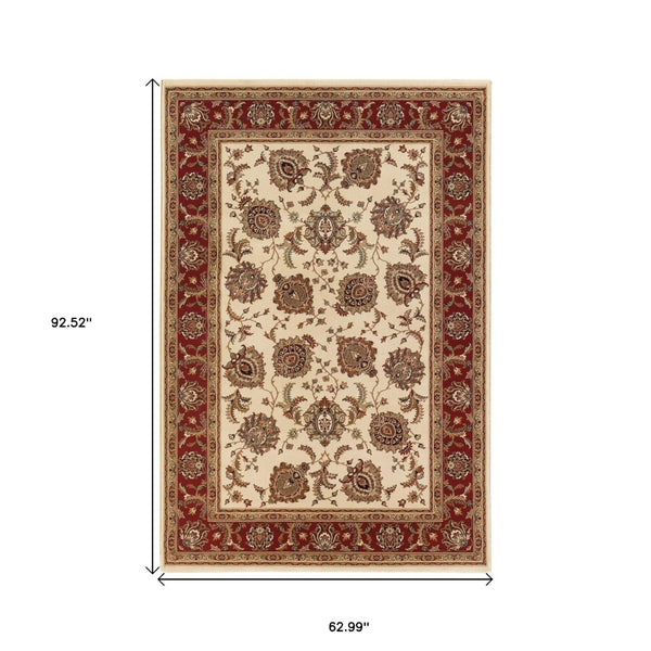 HomeRoots 6' Ivory and Red Oriental Round Rug – Timeless Elegance with Durable Performance for Every Home 5' X 8' 574319