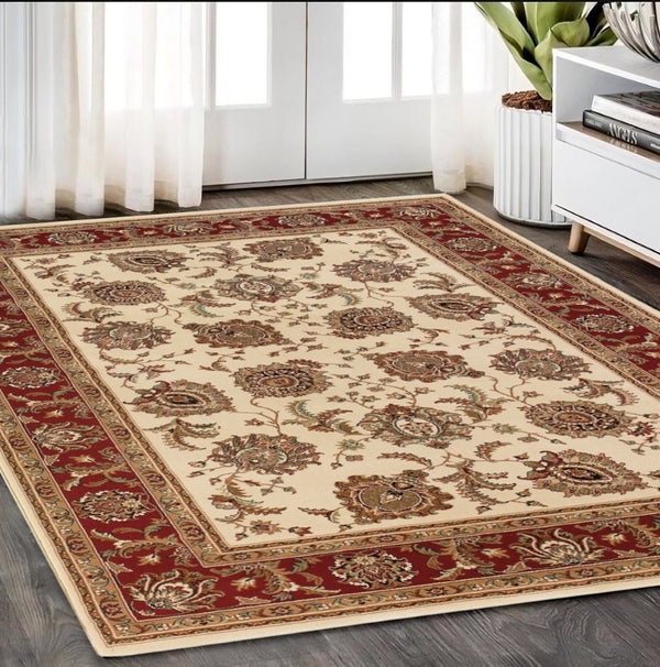 HomeRoots 6' Ivory and Red Oriental Round Rug – Timeless Elegance with Durable Performance for Every Home 5' X 8' 574319