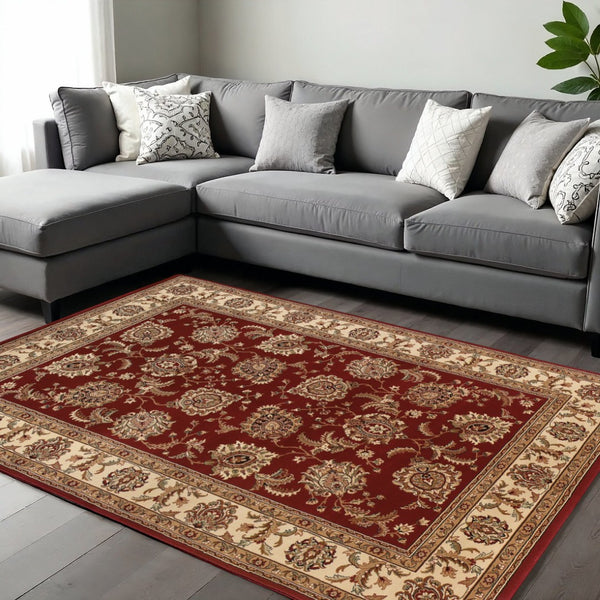 HomeRoots 6' Elegant Red and Ivory Oriental Round Rug for Timeless Style, Durability, and Easy Maintenance 10' X 13' 574320