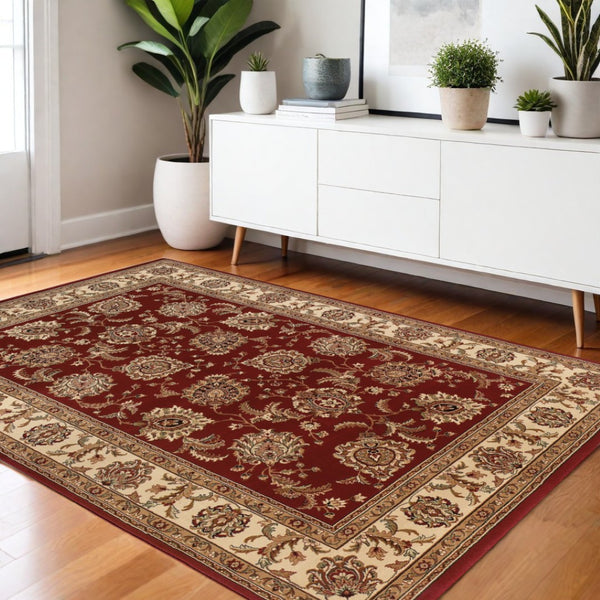 HomeRoots 6' Elegant Red and Ivory Oriental Round Rug for Timeless Style, Durability, and Easy Maintenance 4' X 6' 574321