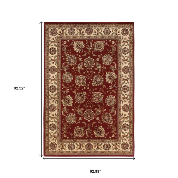 HomeRoots 6' Elegant Red and Ivory Oriental Round Rug for Timeless Style, Durability, and Easy Maintenance 5' X 8' 574322