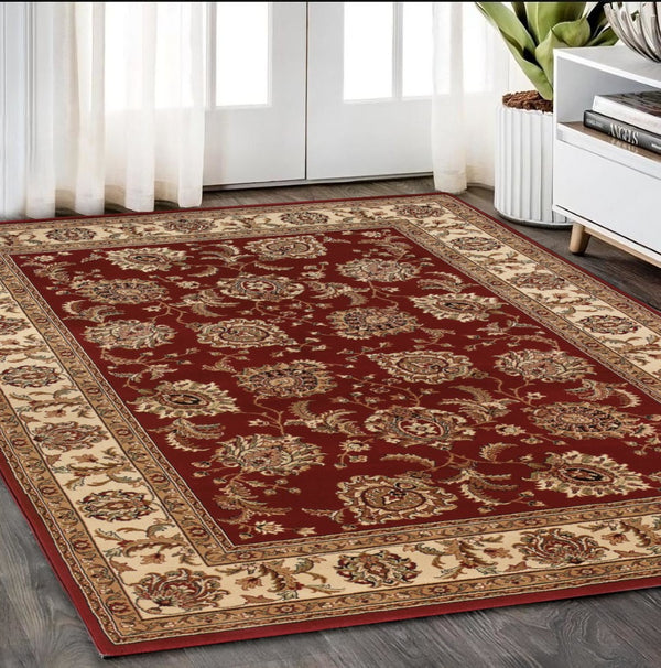 HomeRoots 6' Elegant Red and Ivory Oriental Round Rug for Timeless Style, Durability, and Easy Maintenance 5' X 8' 574322