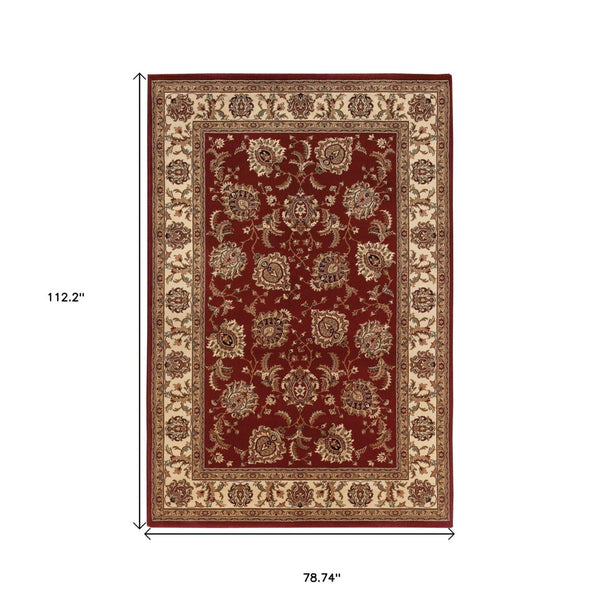 HomeRoots 6' Elegant Red and Ivory Oriental Round Rug for Timeless Style, Durability, and Easy Maintenance 7' X 10' 574323