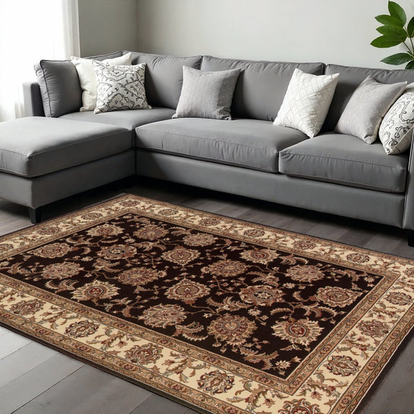 HomeRoots 6' Brown And Ivory Oriental Round Rug - Timeless Geometric Design for Elegant Living Spaces 10' X 13' 574325