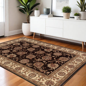 HomeRoots 6' Brown And Ivory Oriental Round Rug - Timeless Geometric Design for Elegant Living Spaces 4' X 6' 574326