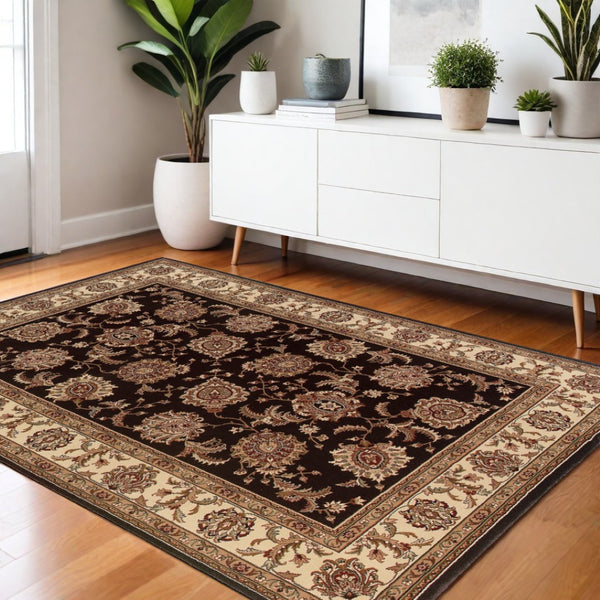 HomeRoots 6' Brown And Ivory Oriental Round Rug - Timeless Geometric Design for Elegant Living Spaces 4' X 6' 574326