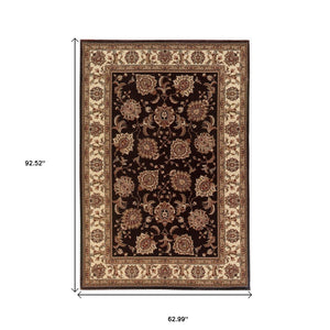 HomeRoots 6' Brown And Ivory Oriental Round Rug - Timeless Geometric Design for Elegant Living Spaces 5' X 8' 574327