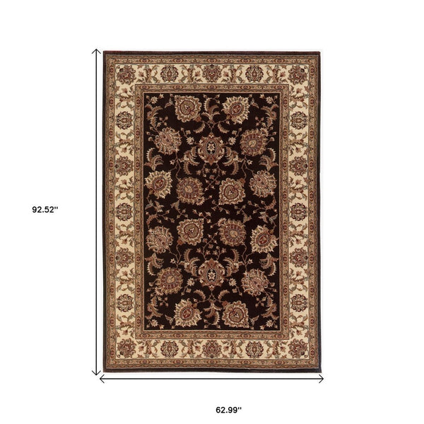 HomeRoots 6' Brown And Ivory Oriental Round Rug - Timeless Geometric Design for Elegant Living Spaces 5' X 8' 574327