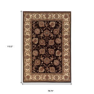 HomeRoots 6' Brown And Ivory Oriental Round Rug - Timeless Geometric Design for Elegant Living Spaces 7' X 10' 574328