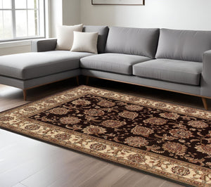 HomeRoots 6' Brown And Ivory Oriental Round Rug - Timeless Geometric Design for Elegant Living Spaces 8' X 11' 574329