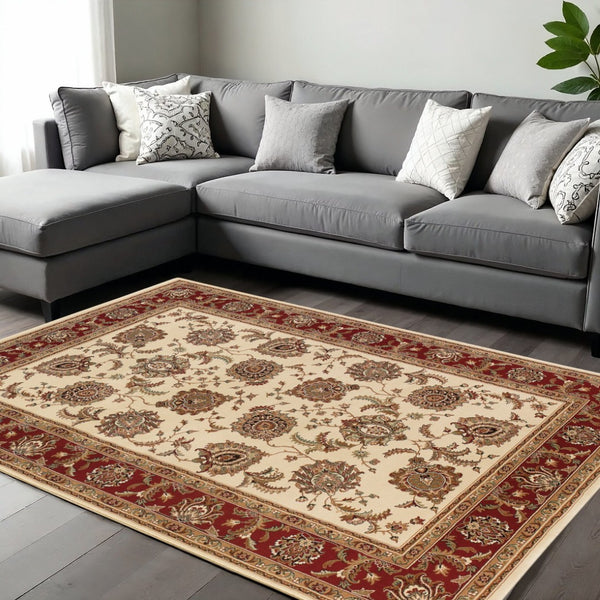 HomeRoots 6' Ivory and Red Oriental Round Rug – Timeless Elegance with Durable Performance for Every Home 10' X 13' 574330