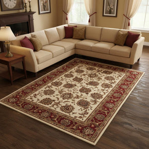 HomeRoots 6' Ivory and Red Oriental Round Rug – Timeless Elegance with Durable Performance for Every Home 10' X 13' 574330