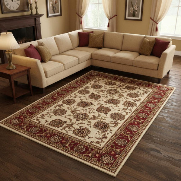 HomeRoots 6' Ivory and Red Oriental Round Rug – Timeless Elegance with Durable Performance for Every Home 10' X 13' 574330