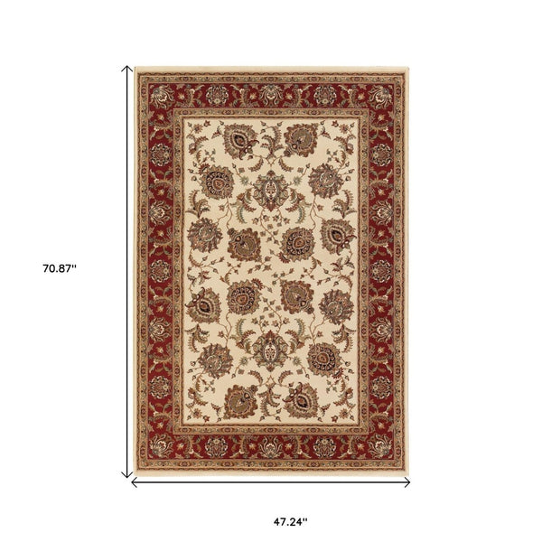 HomeRoots 6' Ivory and Red Oriental Round Rug – Timeless Elegance with Durable Performance for Every Home 4' X 6' 574331