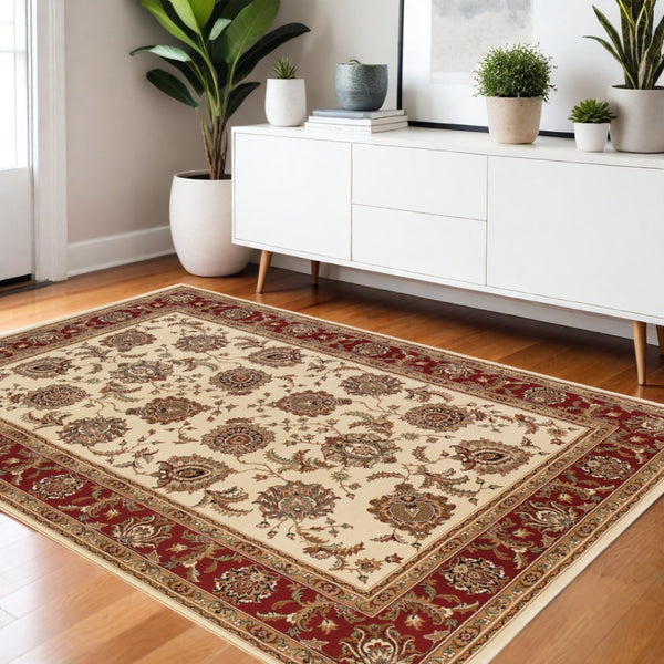 HomeRoots 6' Ivory and Red Oriental Round Rug – Timeless Elegance with Durable Performance for Every Home 4' X 6' 574331