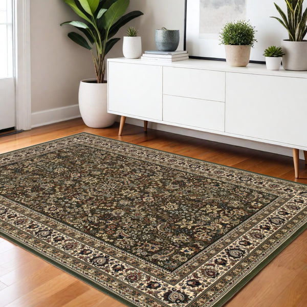 Homeroots 6' Elegant Green And Ivory Oriental Round Rug - Durable, Stain-resistant, Perfect For Any Room 4' X 6' Polypropylene 574336