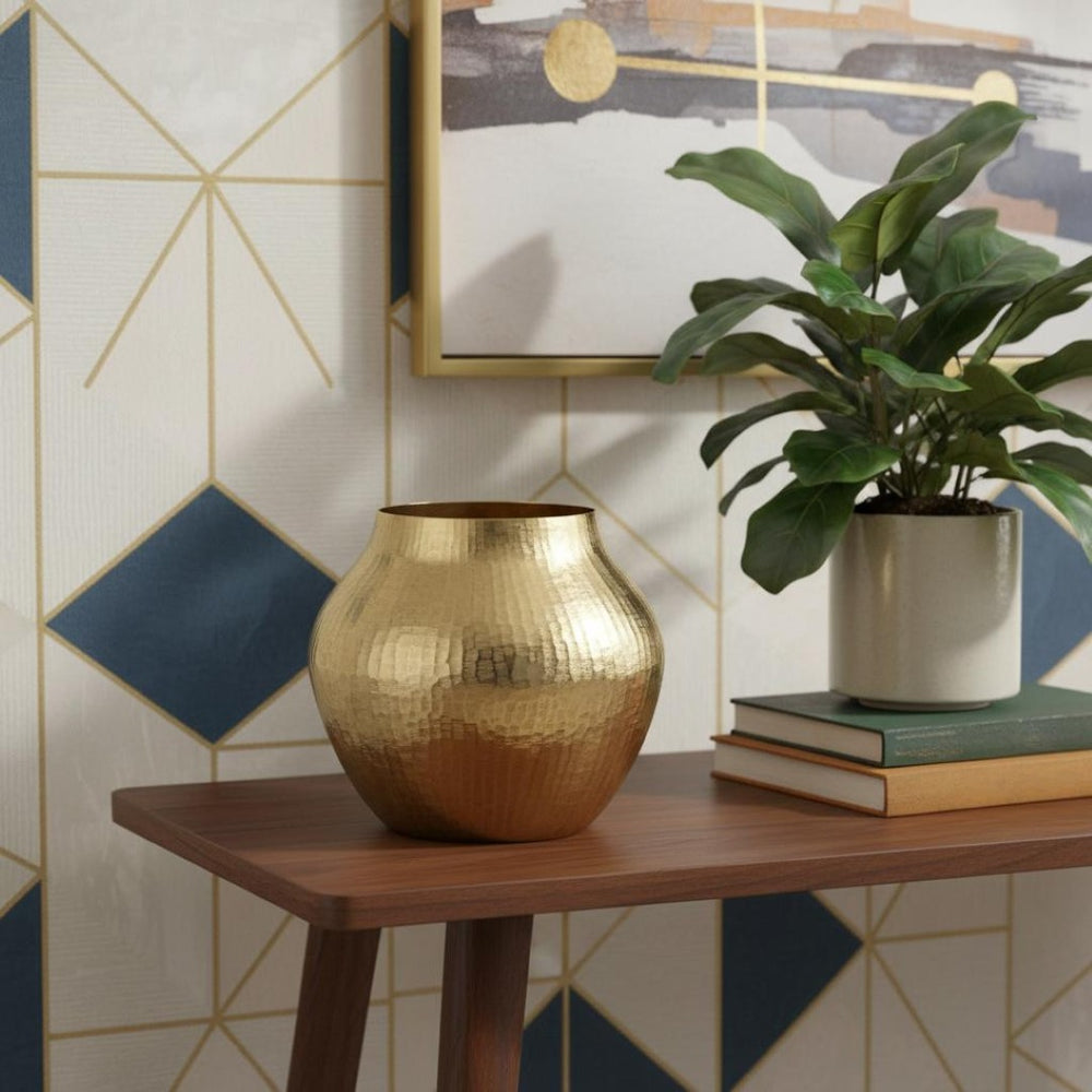 HomeRoots 9" Gold Round Aluminum Table Vase - Mid-Century Glamour for Modern & Vintage Décor,  Durable & Stylish 574340