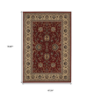 HomeRoots 4' Timeless Red and Ivory Oriental Area Rug - Durable, Stain Resistant, Ideal for Family Spaces 4' X 6' 574353