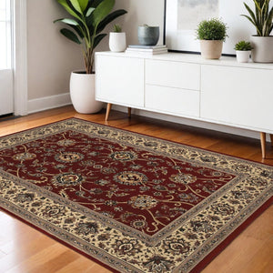 HomeRoots 4' Timeless Red and Ivory Oriental Area Rug - Durable, Stain Resistant, Ideal for Family Spaces 4' X 6' 574353