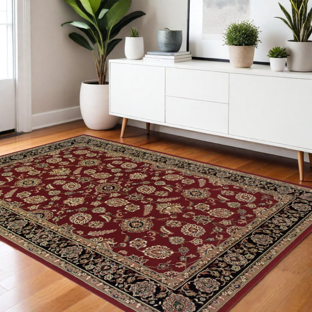 HomeRoots 4' Elegant Red Black and Tan Oriental Area Rug - Durable, Stain-Resistant, Perfect for Any Room 4' X 6' 574362