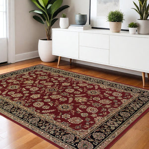 HomeRoots 4' Elegant Red Black and Tan Oriental Area Rug - Durable, Stain-Resistant, Perfect for Any Room 4' X 6' 574362