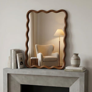 English Elm Black Walnut Solid Wood Wavy Round Mirror Sculptural Bohemian Wall Accent 30 Inch W2203P455235