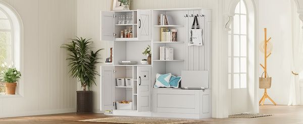 English Elm Multifunctional Modular Hall Tree Cabinet with Open Shelves and Hooks for Entryway White W1580S00519