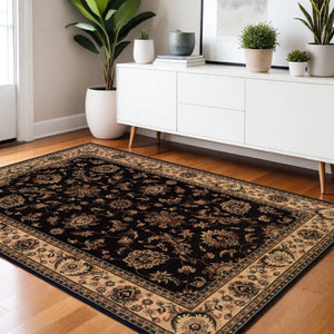 HomeRoots 4' Black Ivory and Brown Oriental Area Rug - Stylish, Durable, Stain-Resistant Design for Any Room 4' X 6' 574392