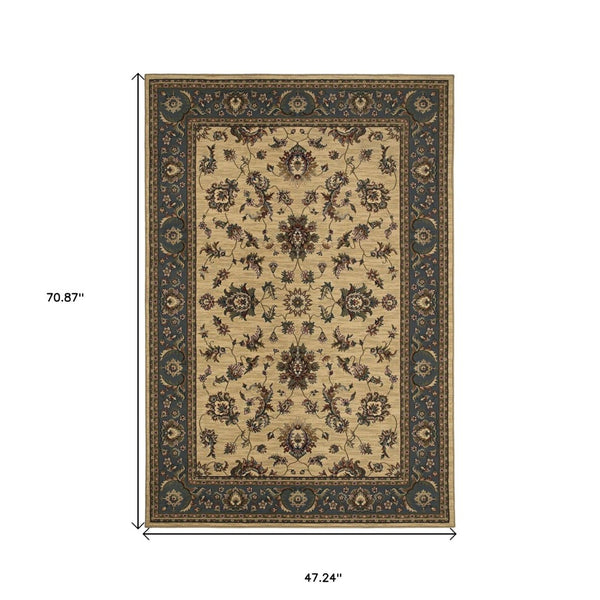 HomeRoots 4' Elegant Ivory Blue Brown Oriental Area Rug – Durable, Stain-Resistant, Easy-Care for Any Room 4' X 6' 574398
