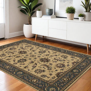 HomeRoots 4' Elegant Ivory Blue Brown Oriental Area Rug – Durable, Stain-Resistant, Easy-Care for Any Room 4' X 6' 574398
