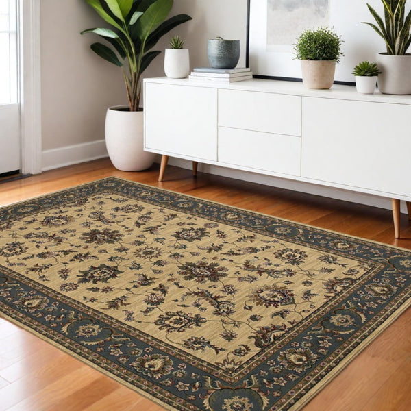 HomeRoots 4' Elegant Ivory Blue Brown Oriental Area Rug – Durable, Stain-Resistant, Easy-Care for Any Room 4' X 6' 574398