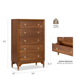 English Elm 1pc Walnut Tall Chest Five Drawers Gold-capped Legs Mid-century Bedroom Storage B2741P446675