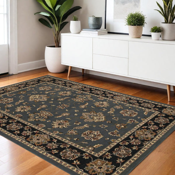 HomeRoots 4' Elegant Teal Ivory Black Floral Area Rug - Durable, Stain-Resistant, Perfect for Family Spaces 4' X 6' 574406