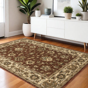 HomeRoots 4' Tan Red and Ivory Floral Area Rug - Timeless Design, Durable, Stain-Resistant for Everyday Use 4' X 6' 574419
