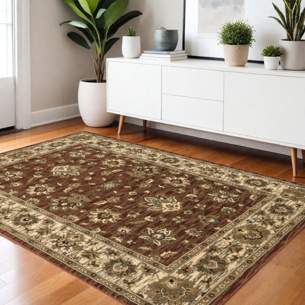 HomeRoots 4' Tan Red and Ivory Floral Area Rug - Timeless Design, Durable, Stain-Resistant for Everyday Use 4' X 6' 574419