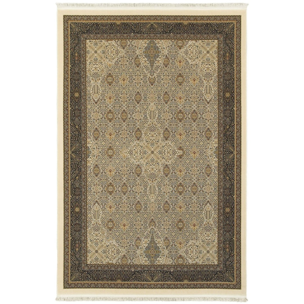 HomeRoots 4' Timeless Ivory and Dark Blue Medallion Area Rug with Fringed Edges for Elegant Home Décor 4' X 5' 574460