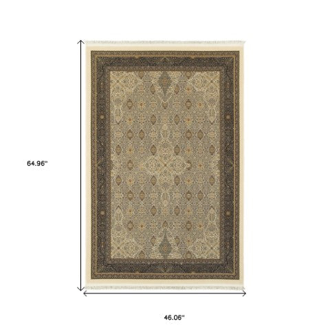 Homeroots 4' Ivory Medallion Area Rug With Fringe – Stain Resistant, Stylish Design For Any Home Decor 4' X 5' Polypropylene 574460