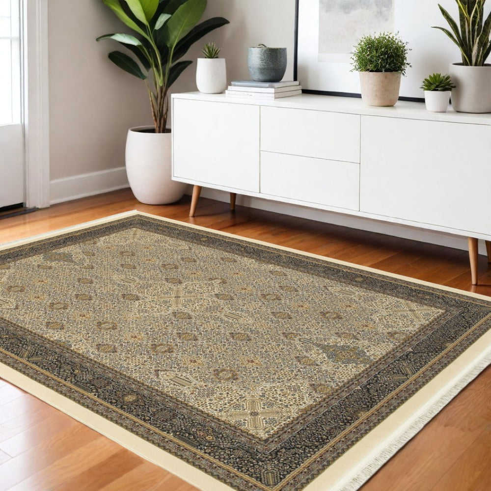 HomeRoots 4' Timeless Ivory and Dark Blue Medallion Area Rug with Fringed Edges for Elegant Home Décor 4' X 5' 574460