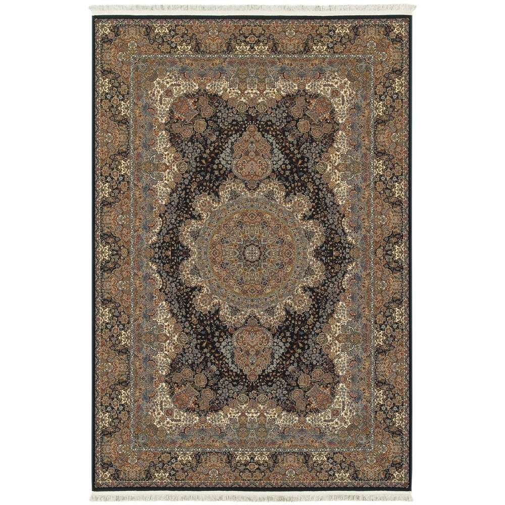 HomeRoots 4' Dark Blue, Black and Teal Medallion Area Rug with Fringed Edges for Timeless Home Elegance 4' X 5' 574465