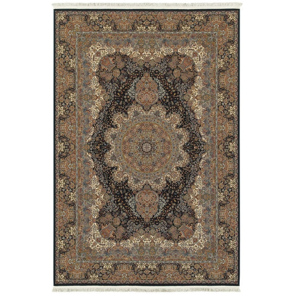 HomeRoots 4' Dark Blue, Black and Teal Medallion Area Rug with Fringed Edges for Timeless Home Elegance 4' X 5' 574465