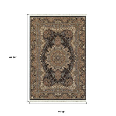 Homeroots 4' Dark Blue Medallion Area Rug With Fringe - Stylish, Stain-resistant Design For Any Room 4' X 5' Polypropylene 574465